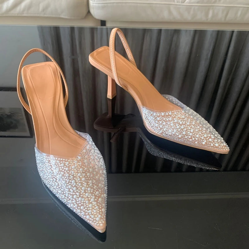 Slingback Artificial Pearl Decorated Women Pumps Wedding Shoes Sexy High heels Sandals Elegant Summer Party Bridal Shoes Woman