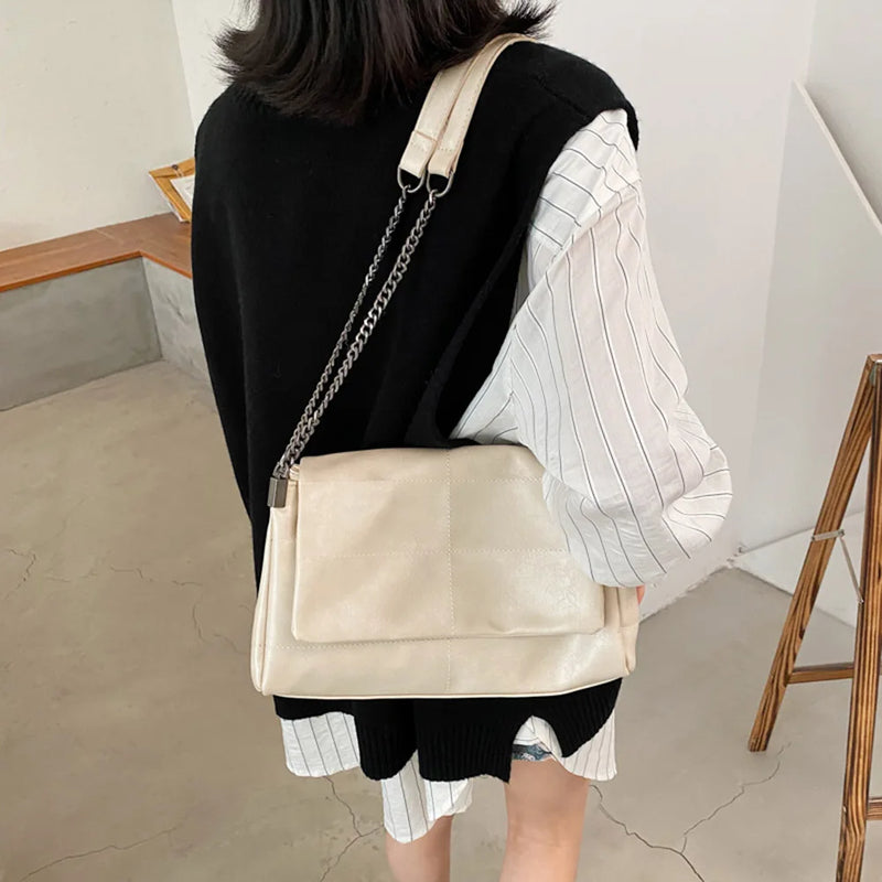 PU Leather Soft Shoulder Bag Large Capacity Women Solid Color Tote Bag Adjustable Strap Commuting Bag Chain Strap Travel Bags