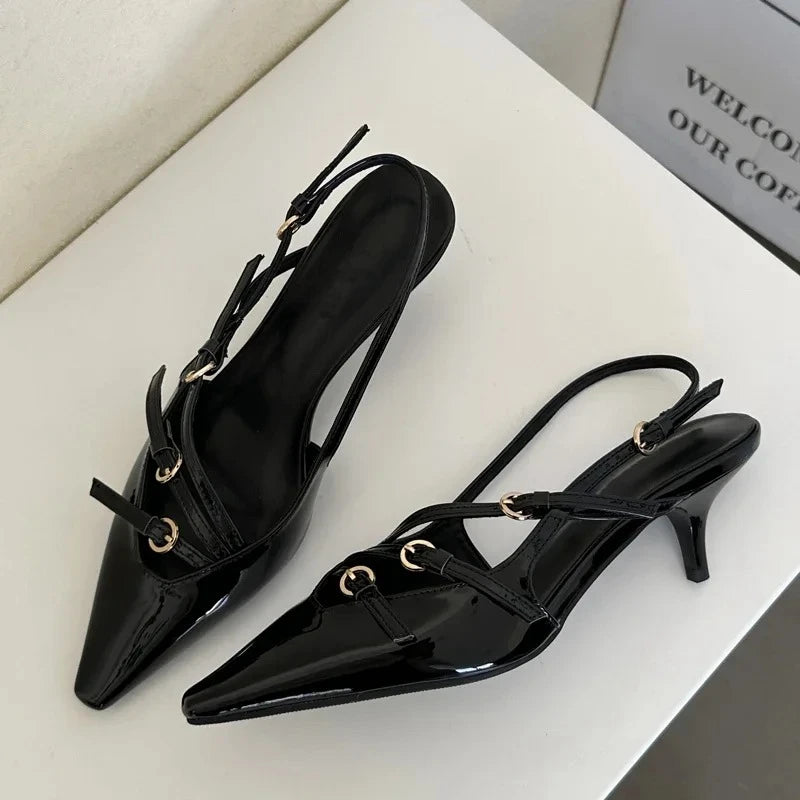 Designer Narrow Band Buckle Strap Pumps Women Sexy Pointed Toe Thin Heels Wedding Banquet Dress Mule Ladies Shoes