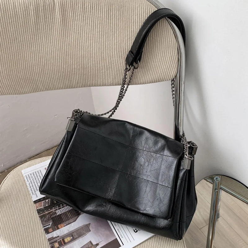 PU Leather Soft Shoulder Bag Large Capacity Women Solid Color Tote Bag Adjustable Strap Commuting Bag Chain Strap Travel Bags