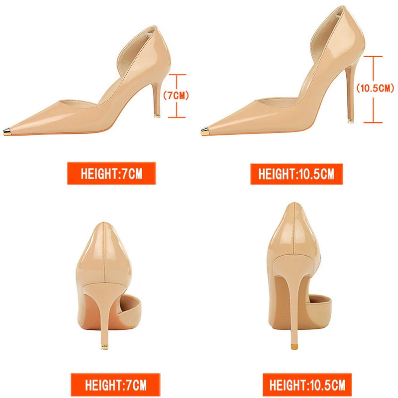 Patent Leather Shoes Women Pumps Metal Tip High Heels 7 Cm And 10.5 Cm Stilettos Sexy Party Shoes Kitten Heels Lady Office Shoes