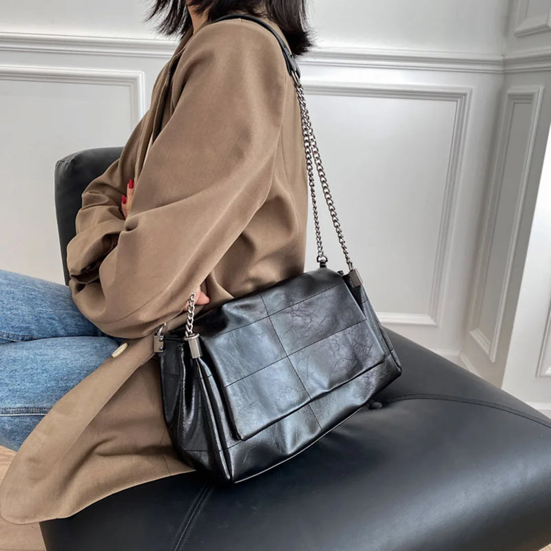 PU Leather Soft Shoulder Bag Large Capacity Women Solid Color Tote Bag Adjustable Strap Commuting Bag Chain Strap Travel Bags