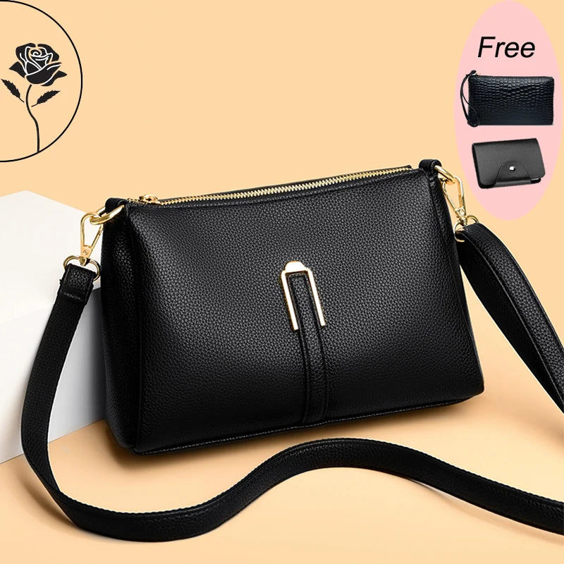 New Women Genuine Leather Handbags Shoulder Bags Two Shoulder Strap Female Fashion Shoulder Crossbody Bags For Ladies Totes