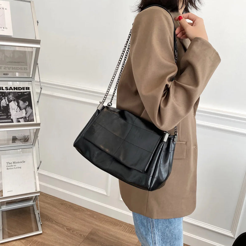 PU Leather Soft Shoulder Bag Large Capacity Women Solid Color Tote Bag Adjustable Strap Commuting Bag Chain Strap Travel Bags