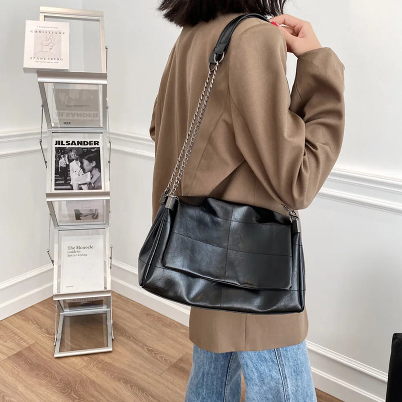 PU Leather Soft Shoulder Bag Large Capacity Women Solid Color Tote Bag Adjustable Strap Commuting Bag Chain Strap Travel Bags